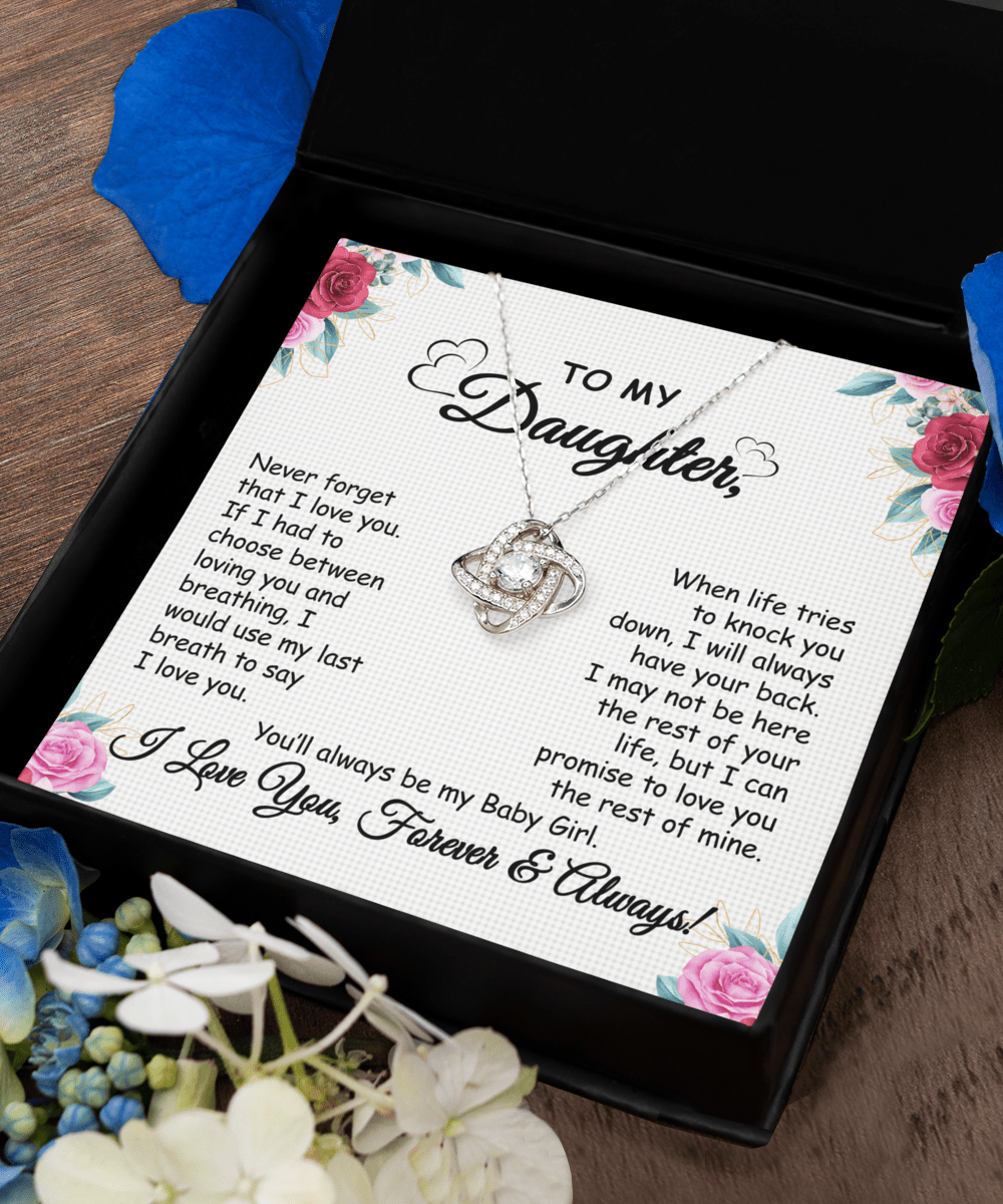 Gift To Daughter - When Life Tries - Love Knot Silver Necklace With Message Card Gift For Birthday, Christmas, Special Occasion From Mom, Dad